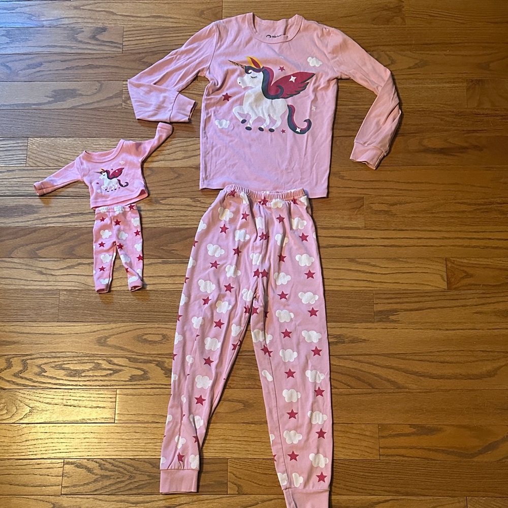 Pink Unicorn Kids and Doll Matching Pajamas Set
